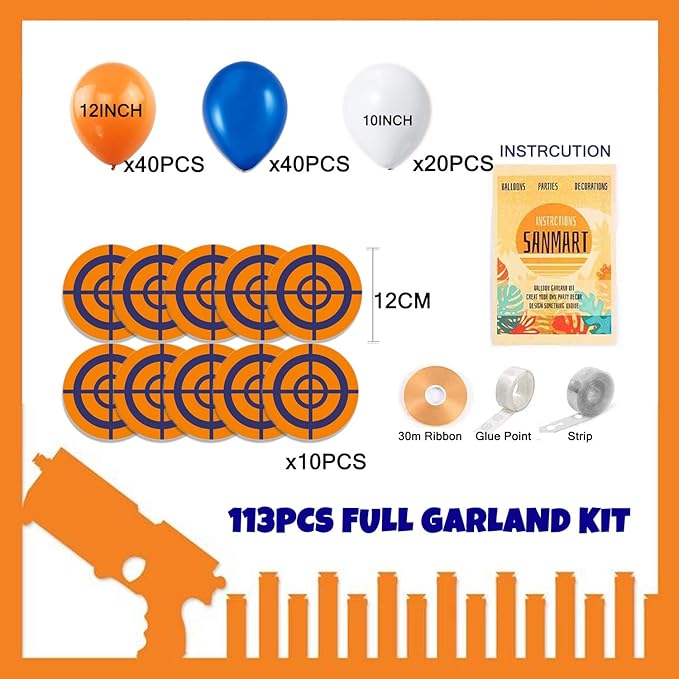 Dart War Party Balloon Garland Kit, 113Pack Blue Orange Black Balloons, Target Sign for Kids Baby Shower Birthday Party Decorations