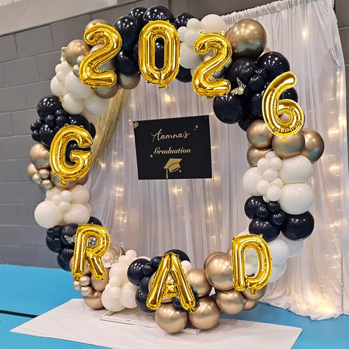 2026 Congrats Grad Balloons, 16 Inch Metallic Gold 2026 GRAD Foil Balloons Banner Sign for Graduation Decorations 2026, College High School Class of 2026 Graduate Congratulations Party Decor Supplies