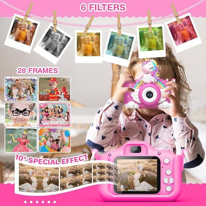Wembley Kids Camera 3–8 Years | Unicorn Digital Selfie & Video Camera 1080P | Rechargeable Toddler Camera with Games | 32GB Card Included | Silicone Cover | Cute Birthday Gift for Girls & Boys - Pink