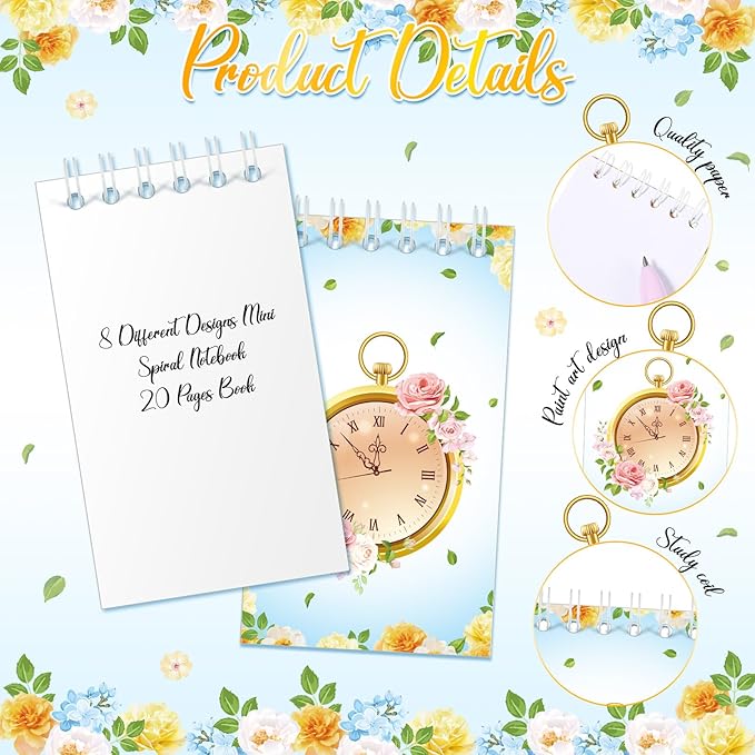 Faccito 24 Pcs Mini Tea Notebook Floral Tea Mini Notepad Party Favors Teapot Party Small Spiral Pocket Notebooks Floral Teapot Time Notepad Memo Spiral Notebooks for Birthday Classroom Reward Supplies