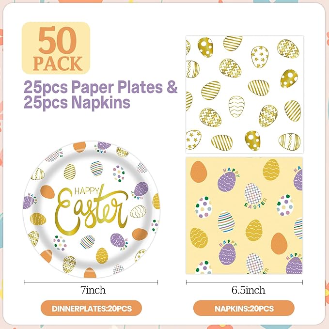 50pcs Easter Paper Plates &Napkins, Disposable 7IN Easter Plates Egg Dinner Napkins Double-sided Paper Party Supplies for Happy Easter Spring Baby Shower Birthday Dinner Decorations Serve 25