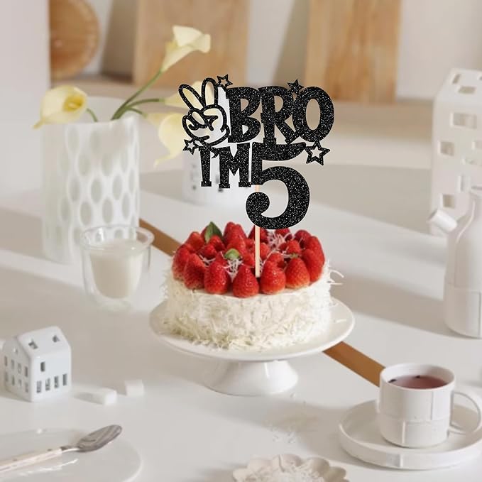 1 PCS Brother I'm 5 Cake Topper Glitter Star Happy 5th Birthday Cake Pick Bro I'm 5 Cake Decoration It's My 5th Birthday Decorations for Boys Cheers to 5 Years Old Birthday Party Supplies Black