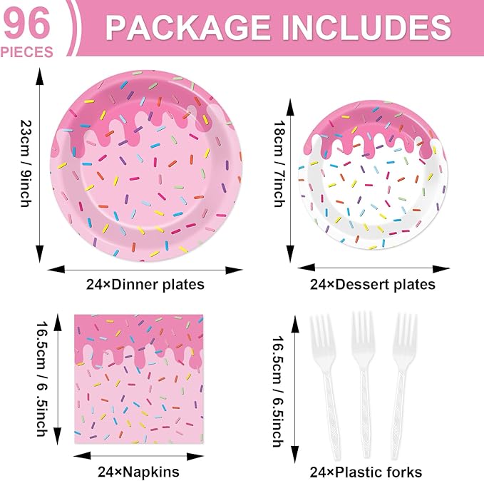 96Pcs Pink Donut Confetti Party Plates and Napkins Themed Decorations Spring Pink Donut Dessert Plates Donuts Tableware Set for 24 Guests Grow Up Themed Baby Shower Party Favors Supplies