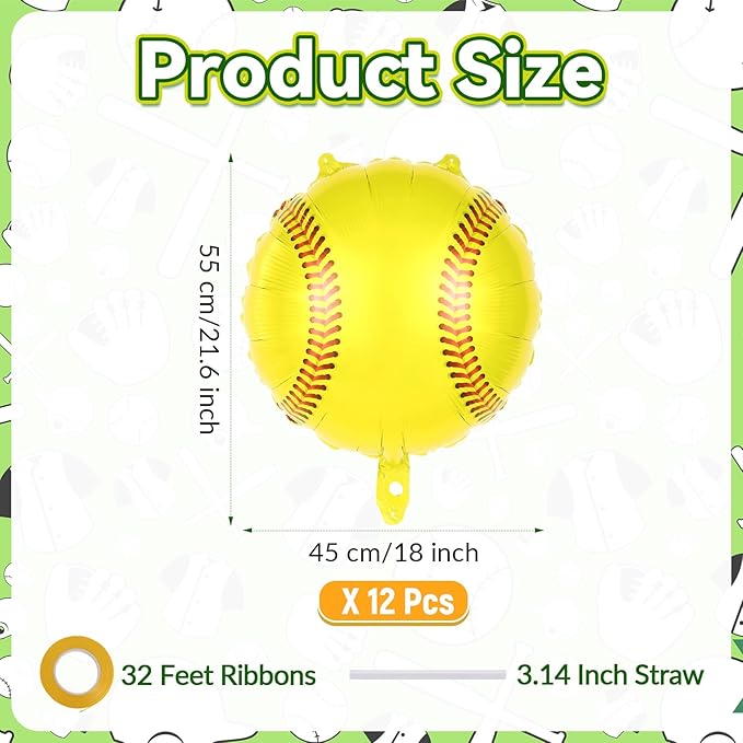 12 Pcs Yellow Baseball Balloons,18 Inch Baseball Party Foil Balloons,Sports Mylar Balloons Baseballs Birthday Decorations for Baseballs Party Sports Theme Party Supplies