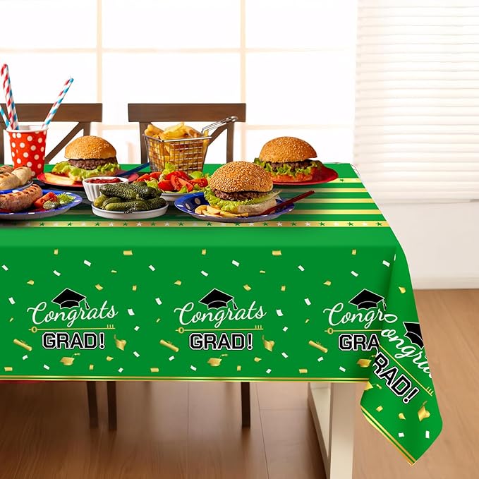 Childom 3 Pack Graduation Tablecloth,Graduation Decorations Class of 2026 Graduation Party Decorations,54"x108" Green and Gold Plastic Table Cloth Disposable Rectangle for Home,School,Party Supplies