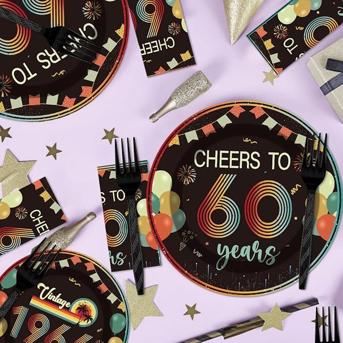 96Pcs Vintage 60th Birthday Decorations Tableware Set Back in 1966 Paper Plates Napkins Forks Cheers to 60 Years Disposable Tableware Decor for Women Men 60th Birthday Party Favor Serve 24 Guests