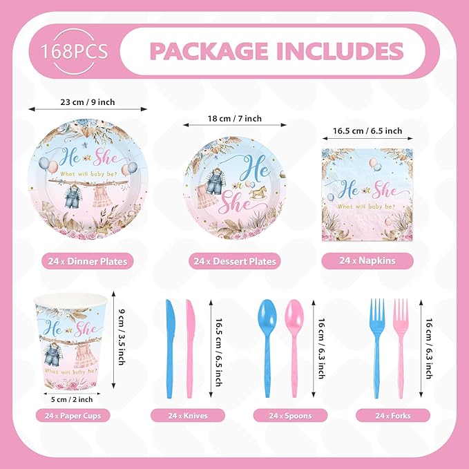168Pcs Boho Gender Reveal Party Decorations He Or She Pink Blue Plates Napkins Cups Forks Knives Spoons Disposable Paper Tableware for Boy Or Girl Baby Shower Party Supplies Serves 24