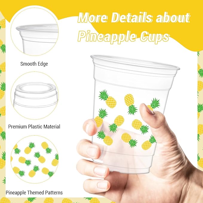 50Pcs Pineapple Cups, 12oz Pineapple Clear Plastic Cups for Yellow Fruit Themed Party Decorations Baby Shower Birthday Summer Tropical Party Supplies