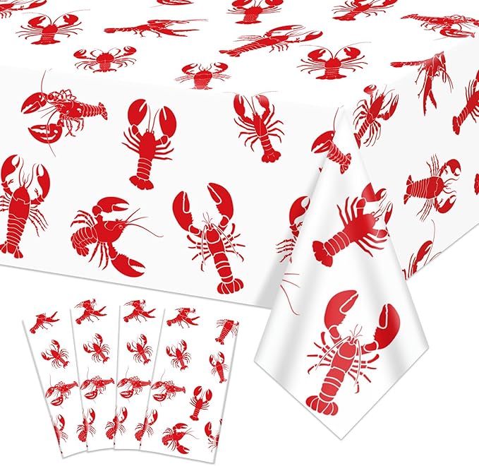 4 Pack Crawfish Tablecloths Plastic Red Lobster Crawfish Boil Table Cover for Birthday Party Decorations Seafood Festivals Potluck Barbecue Supplies, 87 x 51 inches