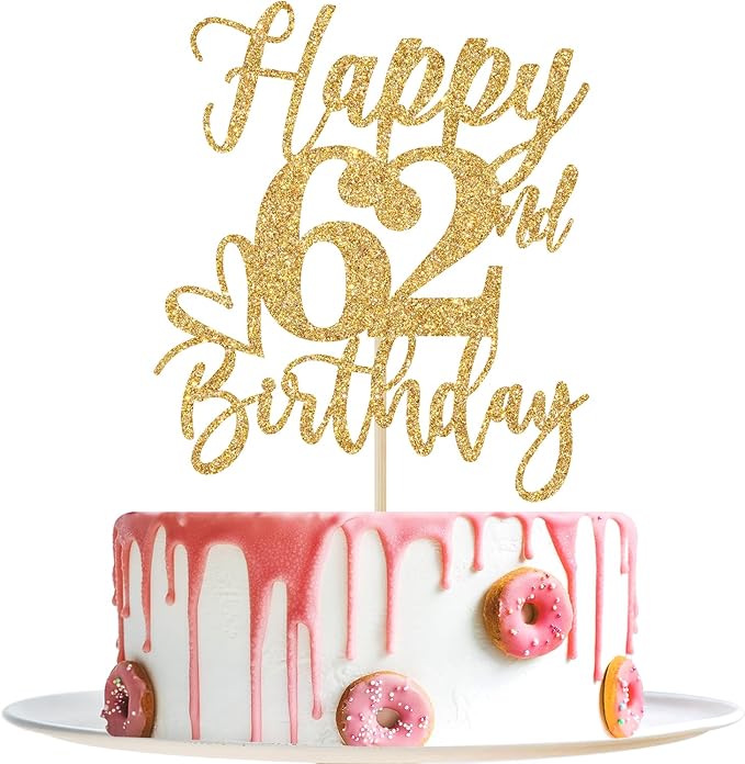 Happy 62nd Birthday Cake Topper, Cheers to 62 Years, Hello 62, Gold Glitter Party Supplies