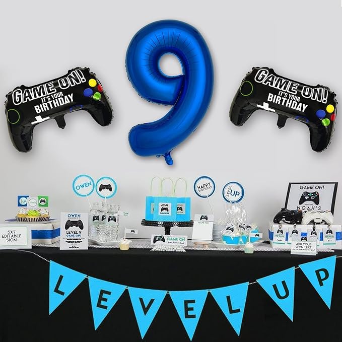Navy Blue Video Game Party Supplies Boys 9th Birthday Party Decorations- 2 Packs Game On Balloons with Dark Blue Number 9 Balloon