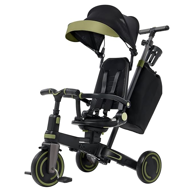 Aneco 9-in-1 Multi-functional Baby Tricycle for Toddlers 10 Months-3 Years with Removable Canopy Rotatable Seat Safety Harness Wheel Brake Adjustable Push Handle Storage Bag Cup Holder Black and Green