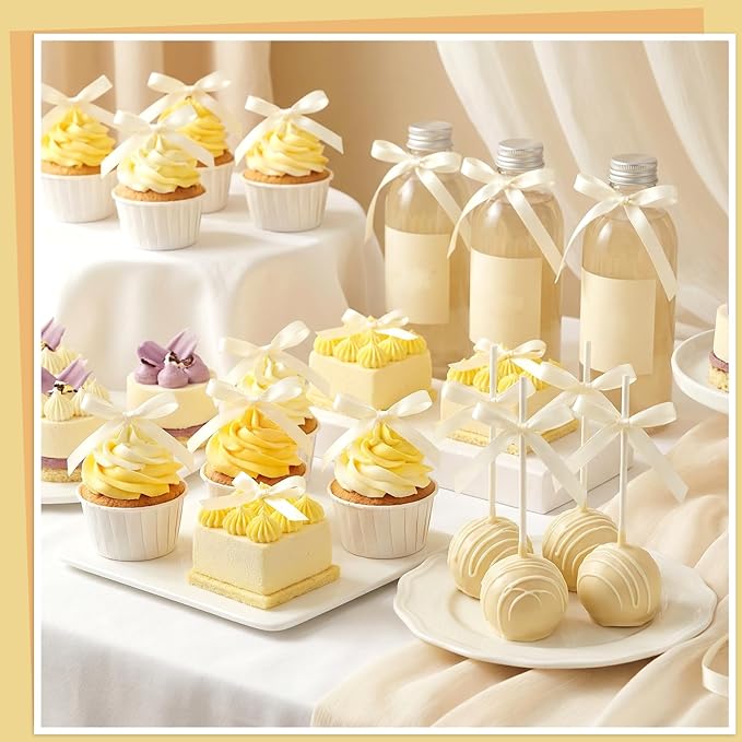 30 Pack Bow Cake Toppers Ivory Ribbons Bows for Cake Bow Cupcake Toppers Ivory Bow Birthday Decorations for Baby Shower Birthday Wedding Party Supplies