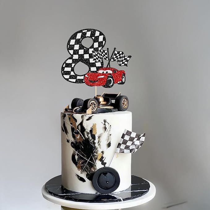 Gyufise 1Pc Race Car 8th Cake Topper Glitter 8th Racing Car Birthday Cake Topper Decoration for Racing Car Checkered Flag Themed Girl Boy 8 Years Birthday Party Supplies