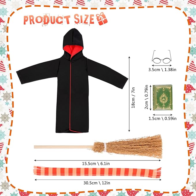 Doll Clothing Wizard Robe for Doll Christmas Elf Doll Costume Halloween Elf Clothing Dress up Accessories Includes Broom, Scarf, Mini Glasses, Mini Blank Book.