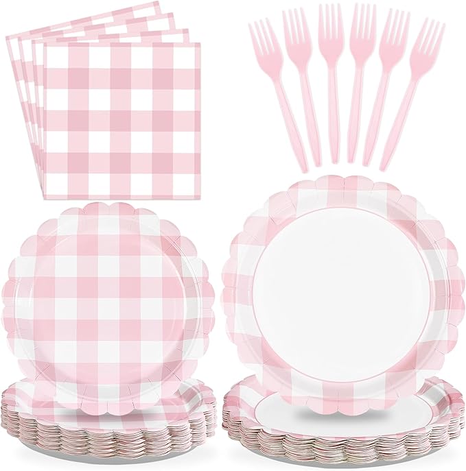 96Pcs Pink Birthday Party Decorations for Girls Light Pink & White Scalloped Checkered Plaid Plates and Napkins Tableware Sets for Kids Baby Shower BBQ Pastel Theme Party Supplies Serves 24