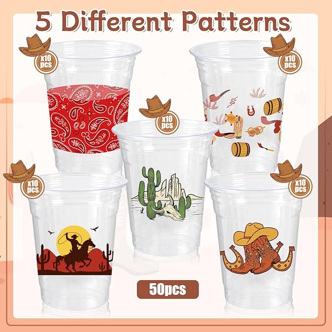 50Pcs Western Cowboy Plastic Cups,12 OZ Disposable Cowboy Themed Drinking Cups for Western Themed Parties, Tailgate Events,Christmas Wedding Birthday Rodeo Party Supplies Decorations Favors