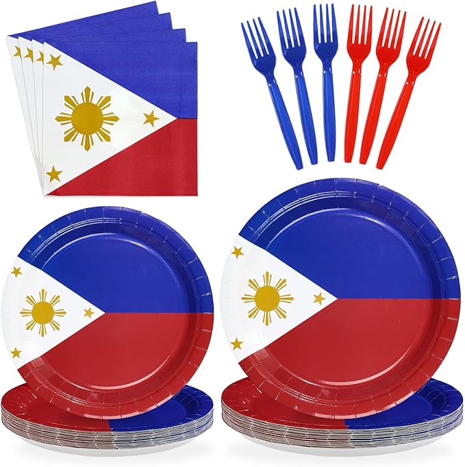 96Pcs Philippines Flag Party Supplies Philippine National Flags Plates and Napkins Philippine Independence Day Tableware Set for National Events Patriotic Festival Decorations，Serves 24
