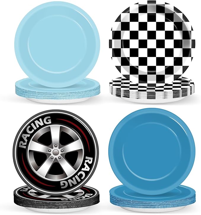 CHUNNIN 48Pcs Race Car Birthday Party Paper Plates for Theme Party Supplies 7" Black White Fast Paper Plates Blue Racing Car Disposable Tableware for Kids Boys Birthday Baby Shower Decorations