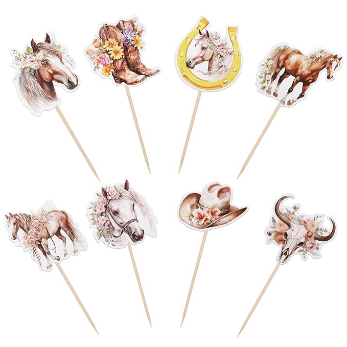 ZHUOWEISM 40 PCS Horse Cupcake Toppers - Western Cowgirl Cupcake Picks - Floral Horseshoe Hat Boots - Cake Decorations for Horse Theme Parties, Baby Showers, Girls Birthday Parties - Pattern A8