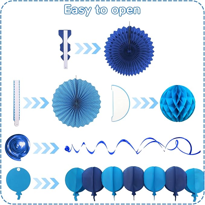 Blue Party Decorations, Easy Assembly Paper Fan Honeycomb Ball Garland Hanging Swirl Navy Blue Party Supplies for Boy Men Graduation Birthday Bridal Shower Baby Shower Party Decorations