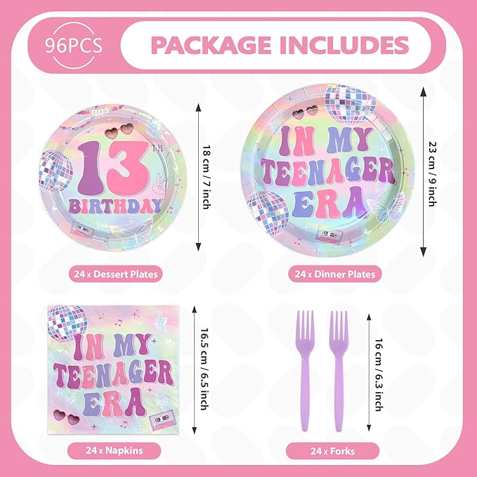 96Pcs In My 13th Birthday Era Party Decorations Era's 13 Birthday Plates and Napkins Set Music Iridescent Disco Decoration for Girls 13 Years Old Music Singer Friendship Bday Party Supplies Serves 24