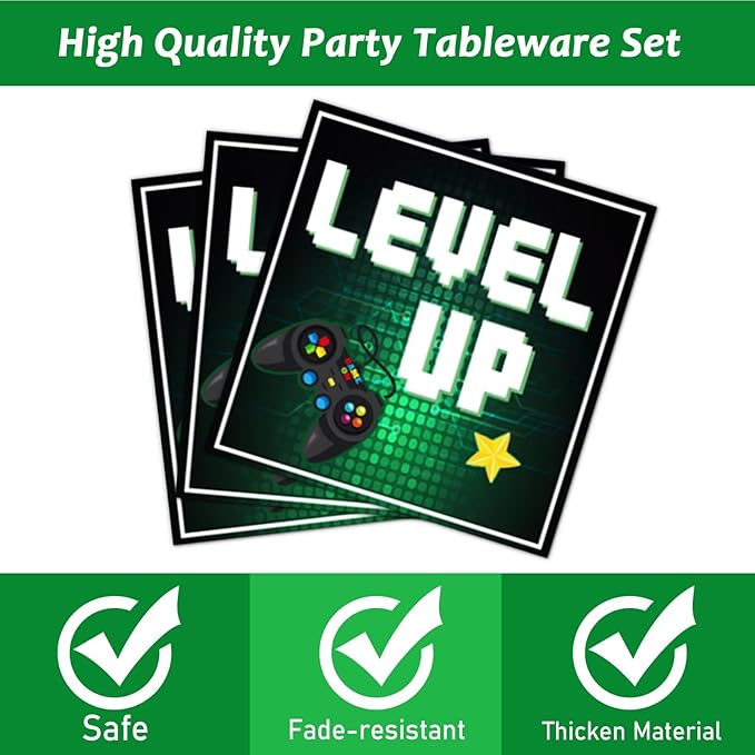 96 Pcs Video Game Plates and Napkins Party Supplies Gaming Party Tableware Set Green Gamer Party Decorations Favors for Kids Birthday Baby Shower Serves 24