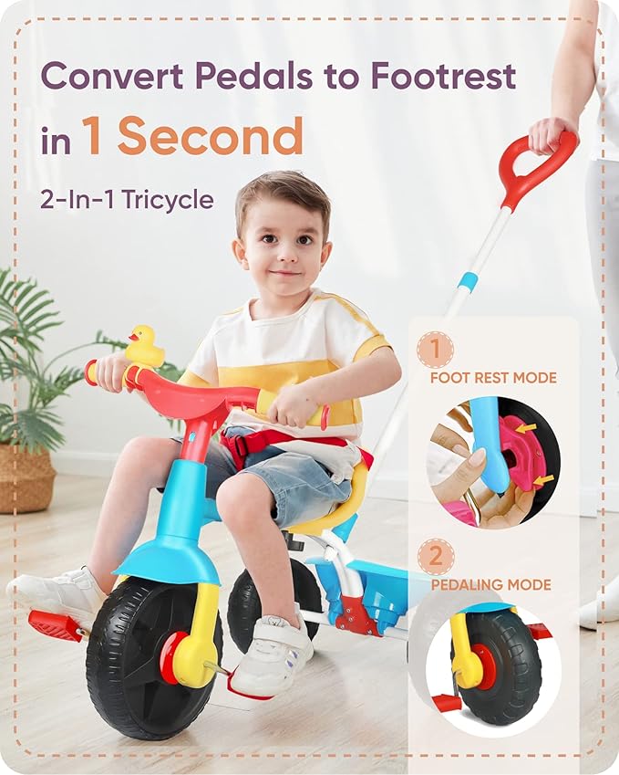 KRIDDO 2 in 1 Kids Tricycles Age 18 Month to 3 Years, Gift Toddler Tricycles for 2-3 Year Olds, Trikes for Toddlers with Push Handle and Duck Bell EVA Wheel
