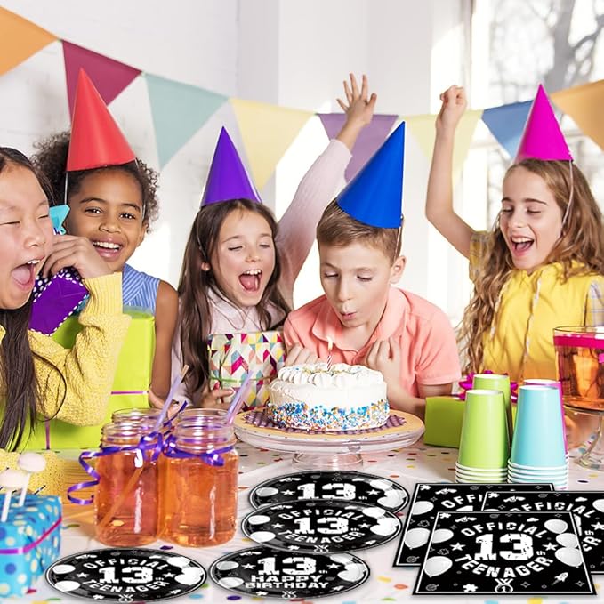 40Pcs 13th Birthday Decorations for Boys Black and Silver Plates and Napkin Set for Boys Teenager Party Decor 13th Birthday Party Decorations