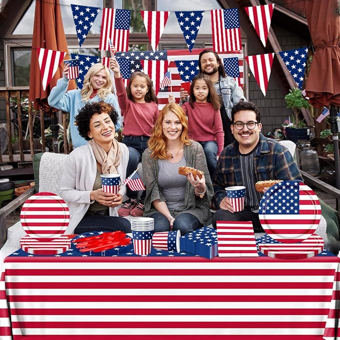 142Pcs American Flag Party Decorations Memorial Day 4th of July Patriotic Tableware Disposable Banner,Tablecloth,Plates,Napkins,Cups,Forks and Knives for Independence Day Party Supplies ,Serve 20