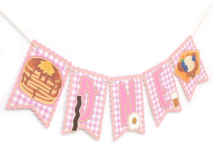 Brunch 1st Birthday HighChair Banner - Breakfast First Birthday Decoration, Pancakes and Pajamas Party Supplies, Breakfast Food Banner, Pancake and Waffle Cake Smash Photo Props (Pink Brunch Banner)