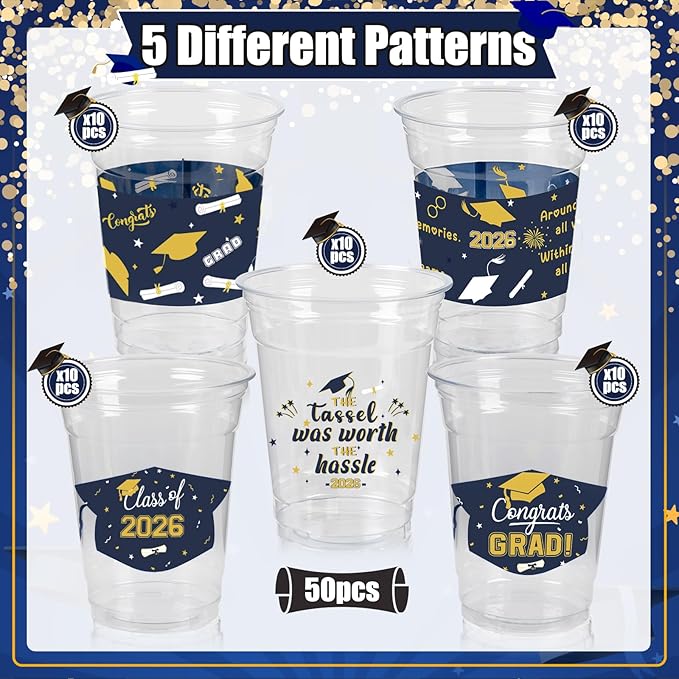 GuassLee Navy Blue and Gold Graduation Decorations Class of 2026, 50 Pack 12 oz Graduation Plastic Disposable Cups for Drinks 2026 School Grad Party Favors Supplies