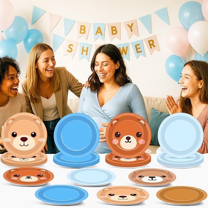 60PCS Blue Bear Birthday Party Plates Dusty Blue and Brown Disposable Paper Dessert Plates for Bears Themed Birthday Decorations Party Tableware Set for Gender Reveal Baby Shower Parties Supplies