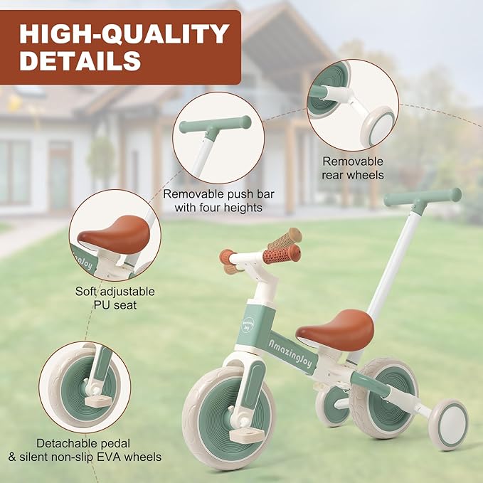 6-in-1 Toddlers Tricycle Baby Balance Bike, Kids Steering Push Handle Bicycle with Removable Pedals, Adjustable Seat,Training Wheels Toys 18 months+ Birthday Gifts for Boys Girls 2 3 4 Year Olds, Mint