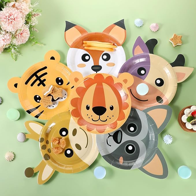Zhehao 120 Pcs 7 Inch Jungle Safari Party Paper Plate Disposable Safari Animal Shaped Plates Theme Party Supplies Dinnerware Wild Cartoon Animal Plate for Birthday Baby Shower Jungle Animal Decoration