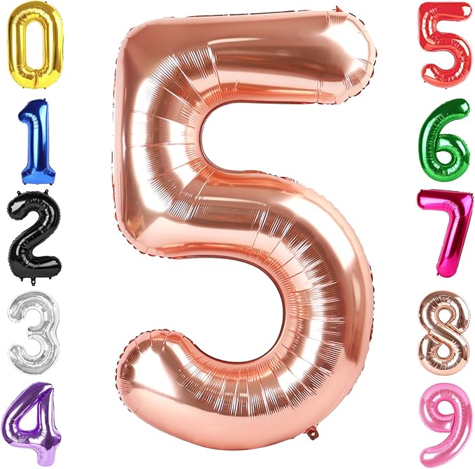 40 Inch Rose Gold Number 5 Balloon, Giant 5 Number Balloons for 5th Birthday Decorations, Party Supplies for Baby Boy Girl, Rose Gold Party Decor