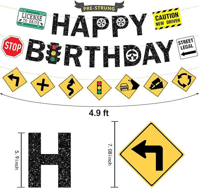 Pre-Strung Driver’s License Birthday Decorations, NO DIY Glitter Happy Birthday Banner New Driver Car Road Signs, 16th 17th Learner Driver Birthday Party Supplies