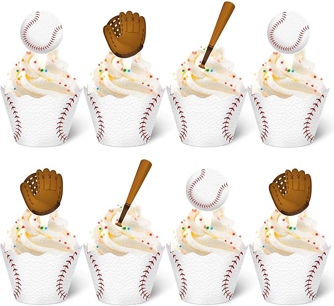 Nuenen 96 Pcs Baseball Cupcake Toppers and Wrappers Set Baseball Birthday Party Cupcake Decorations Sport Themed Cake Picks and Holders for Birthday Gathering Party Decoration Supplies (Retro)
