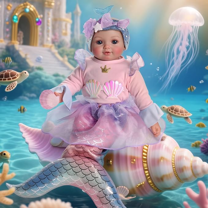 BABESIDE Mermaid Baby Doll Girl, 15-Inch Realistic Soft Baby Dolls with Shiny Mermaid Tail & Accessories, Cute Mermaid Toys for Girls Ages 3+ Kids, Christmas, Birthday