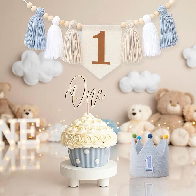 Baby Boy First Birthday Party Decorations Blue White High Chair Banner 1st Crown Hat Cake Topper