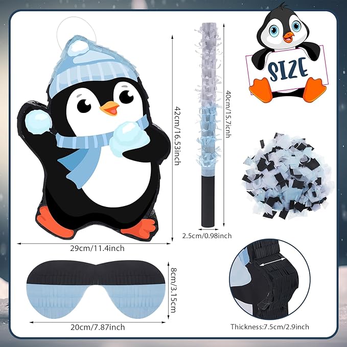 Lewtemi 15.1 Inch Penguin Piñata Penguin Party Favor Supplies Candy Animal Piñata with Stick Confetti and Blindfold Gift for Boy Girl Adults Winter Theme Birthday Party Supplies Decorations (Elegant)
