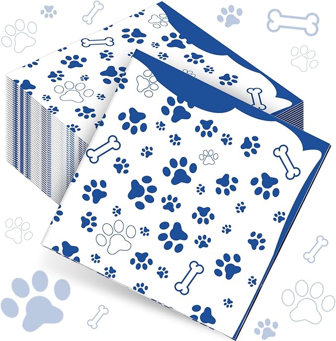 CHENGU 100 Pieces Paw Print Napkins 2 Layers Paw Print Party Supplies Farm Animal Party Napkins for Animal Themed Birthday Western Part, 5 x 5 Inch(Blue)
