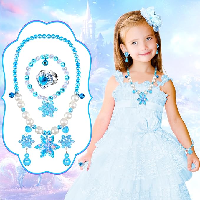 Jewelry Toys for Girls, Classic Unicorn Mermaid Frozen Themed Necklaces Bracelets Rings Earrings Set for Princess Dress Up Pretend Play, Toddler Costume Jewelry, Little Girls Christmas Birthday Gifts