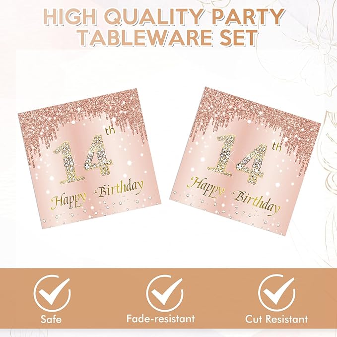 40Pcs 14th Birthday Decorations for Girls Rose Gold 14th Birthday Party Plates and Napkins Happy 14 Years Party Theme Tableware,Disposable 7'' Paper Plates,Napkins for Her,Girls Teen Party Supplies