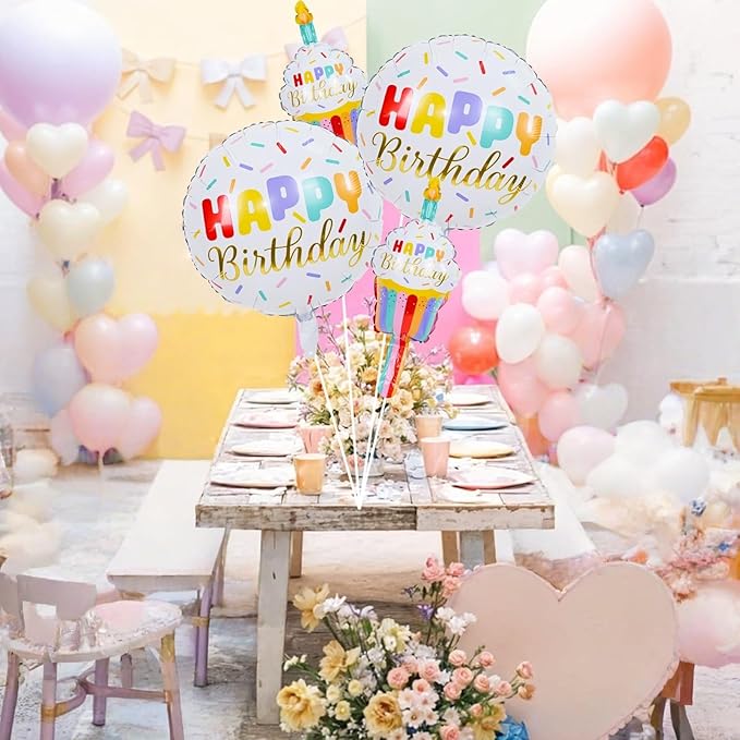 Happy Birthday Cupcake Cute Foil Balloons, Rainbow Sprinkle Happy Birthday Inflatable Mylar Round Balloon and Mini Cupcake Helium Balloons for Kids Children Girls Sweet birthday Party Decorations