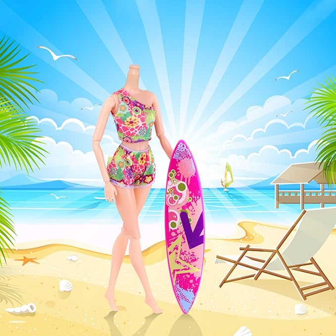 Ecore Fun 35 PCS Doll Clothes Swimwear Beach Bathing Kit Including 10 Bikini Swimsuit 2 Swimming Ring 4 Fashion Glasses 10 Pairs Shoes 1 Surf Skateboard 8 Doll Accessories for 11.5 Inch Doll