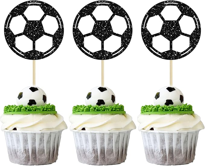 24Pcs Soccer Ball Cupcake Toppers Black Glitter Sports Theme Football Cupcake Food Picks Sport Balls Baby Shower Wedding Birthday Party Cake Decorations Supplies
