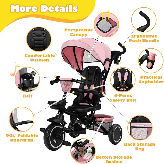 Folding Kids Tricycle, 8 in 1 Toddler Trike W/Removable & Adjustable Canopy, Parent Handle, 5-Piont Harness, Toddler Bike Tricycle for Kids 1-6 Years, EVA Wheels, Storage Basket, Pink