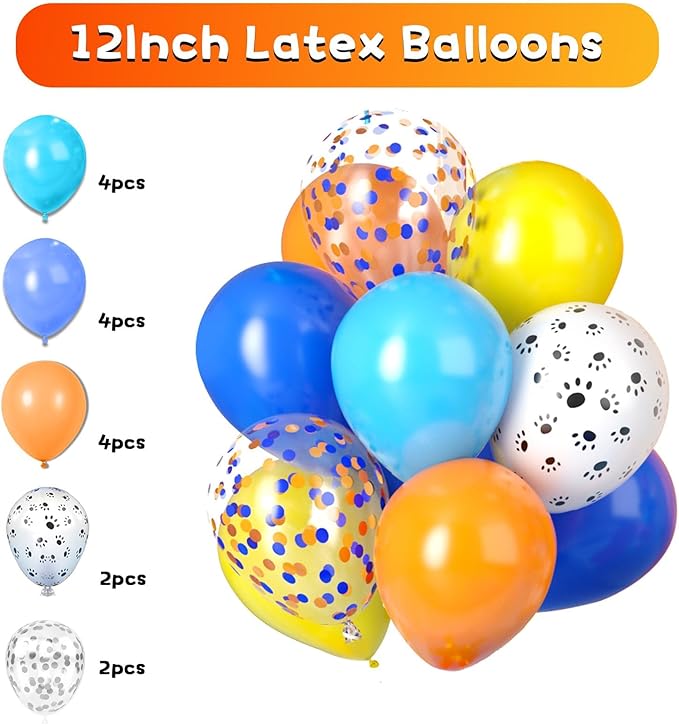 Blue and Orange Birthday Supplies,Boy Birthday Decorations,Blue Navy Brown Tan Orange Banner, Fringe Curtain,Tissue Paper Pompoms,Dog Balloons,Pom Poms Backdrop