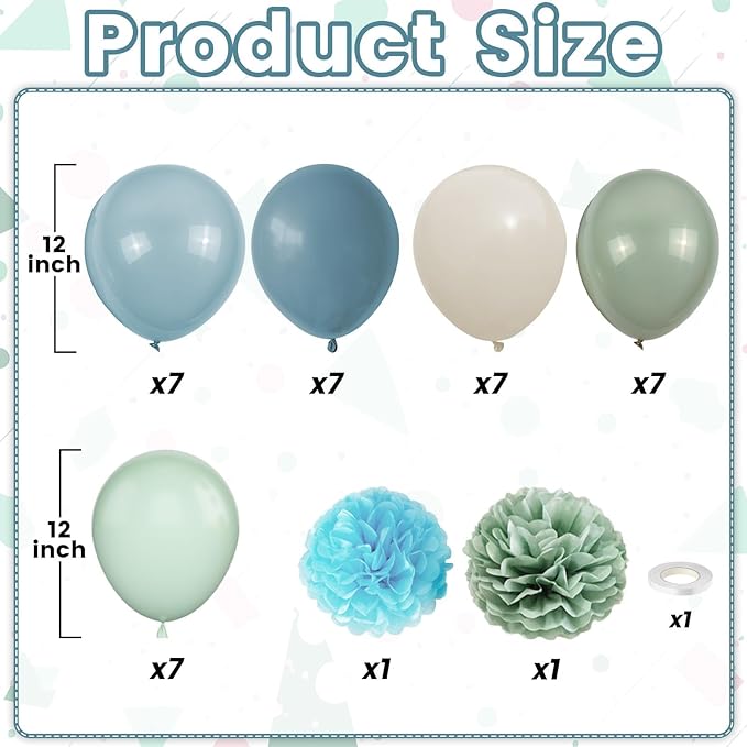 Dusty Green Blue Balloons, 12 Inch Slate Fog Blue Pastel Green White Sand Beige Balloons for Boys Baby Shower Birthday Boho Bridal Wedding Party Supplies